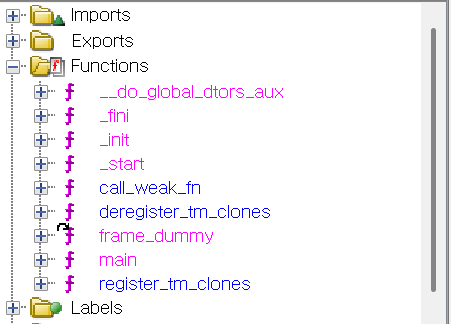 전체 함수 목록 확인: main, _start, _init, _fini 표준 진입점